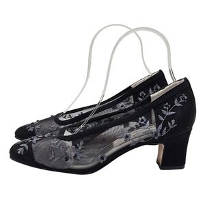 Dolce by Pierre Monde Black Embroidered Mesh Square‎ Toe Block Heels Shoes 8WW